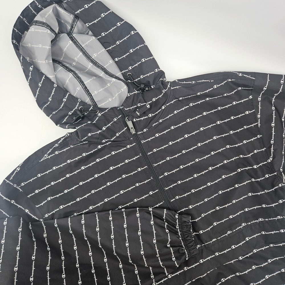 Champion Mens Small Windbreaker Script Logo Quarter Zip Hoodie Trendy
